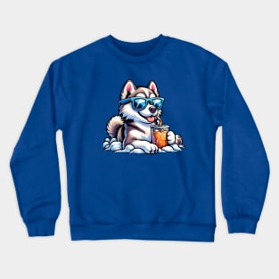 Siberian Husky Drinking Iced Tea Wearing Sunglasses Crewneck Sweatshirt